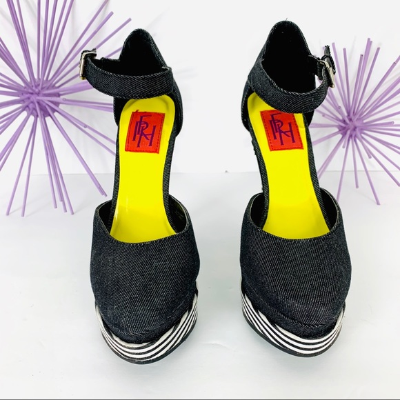 FRH /Black Jean Striped Double Platform Strap Heel - Picture 3 of 9